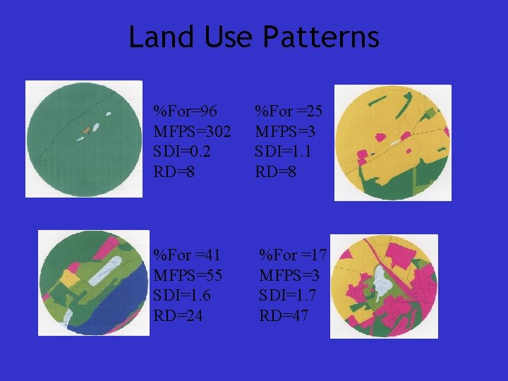 Land Use Patterns %For=96 MFPS=302 SDI=0. 2 RD=8 %For =25 MFPS=3 SDI=1. 1 RD=8