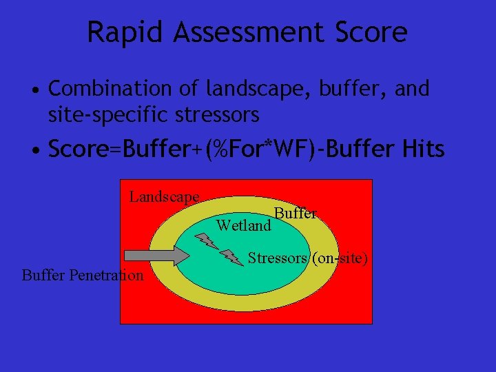 Rapid Assessment Score • Combination of landscape, buffer, and site-specific stressors • Score=Buffer+(%For*WF)-Buffer Hits