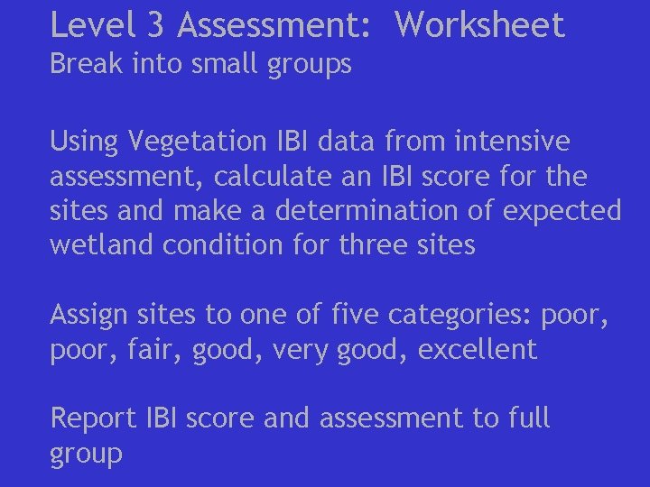 Level 3 Assessment: Worksheet Break into small groups Using Vegetation IBI data from intensive