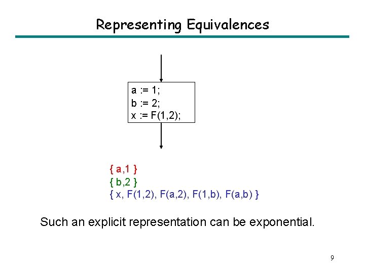 Representing Equivalences a : = 1; b : = 2; x : = F(1,