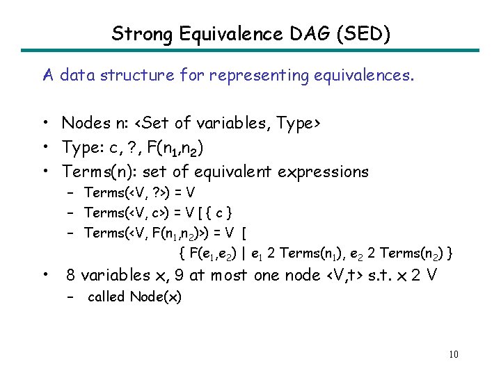 Strong Equivalence DAG (SED) A data structure for representing equivalences. • Nodes n: <Set