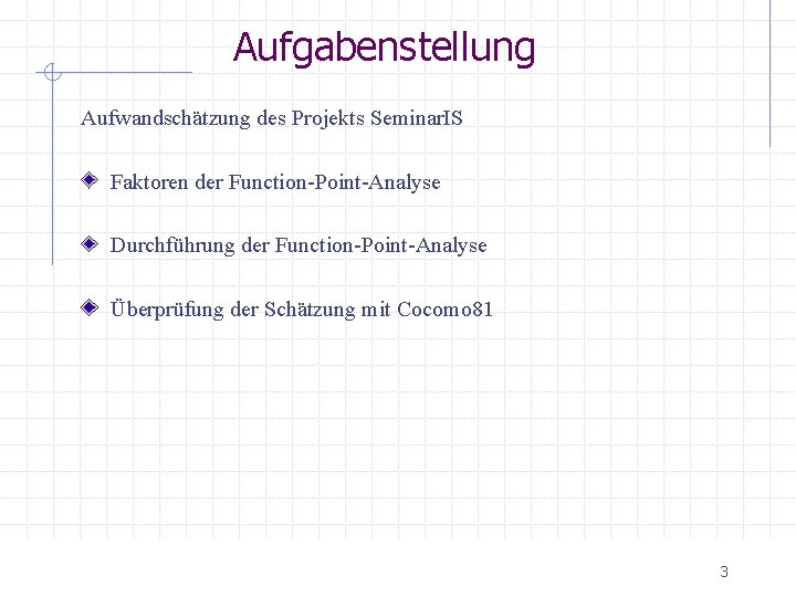 Aufgabenstellung Aufwandschätzung des Projekts Seminar. IS Faktoren der Function-Point-Analyse Durchführung der Function-Point-Analyse Überprüfung der