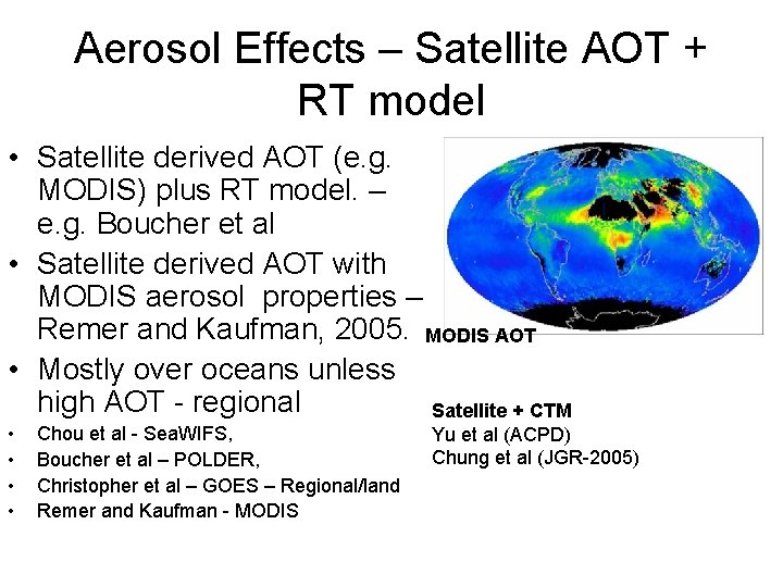 Aerosol Effects – Satellite AOT + RT model • Satellite derived AOT (e. g.