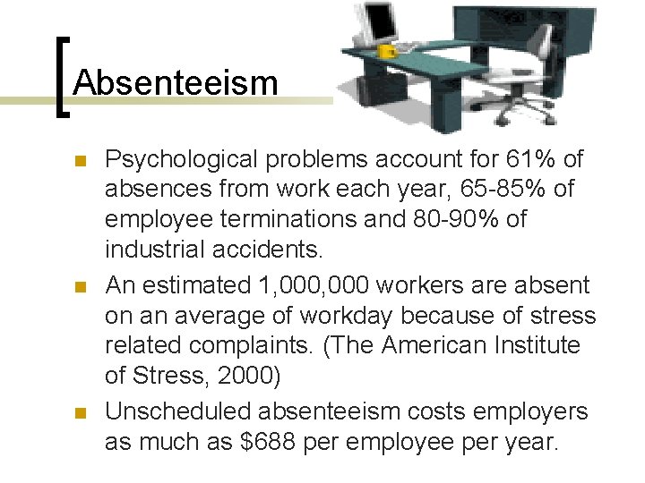 Absenteeism n n n Psychological problems account for 61% of absences from work each