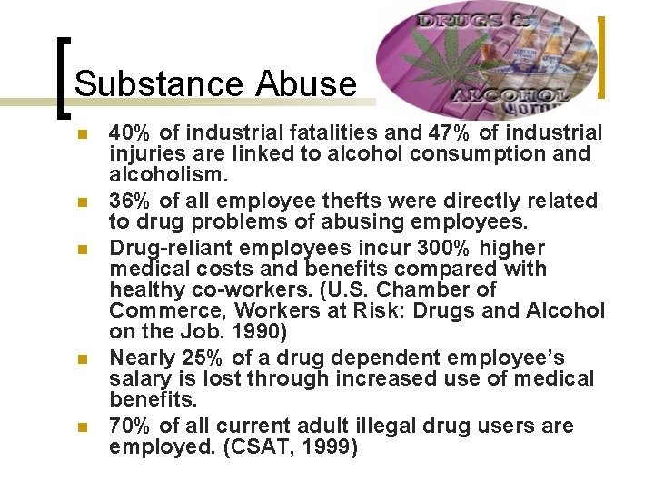 Substance Abuse n n n 40% of industrial fatalities and 47% of industrial injuries