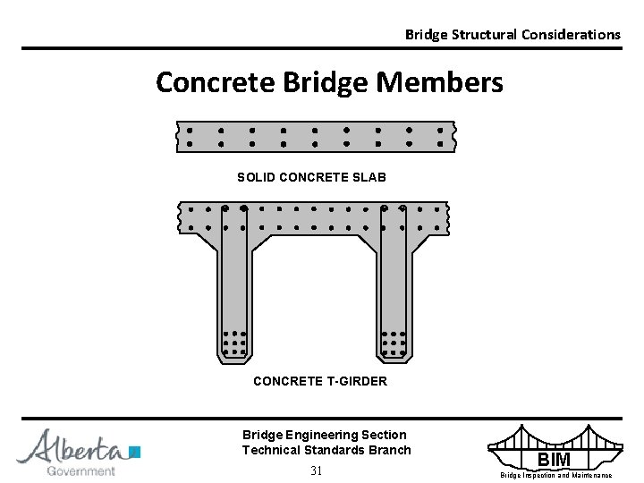 Bridge Structural Considerations Concrete Bridge Members SOLID CONCRETE SLAB CONCRETE T-GIRDER Bridge Engineering Section