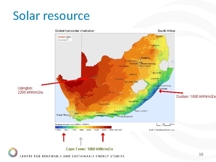 Solar resource Upington: 2200 k. Wh/m 2/a Durban: 1600 k. Wh/m 2/a Cape Town: