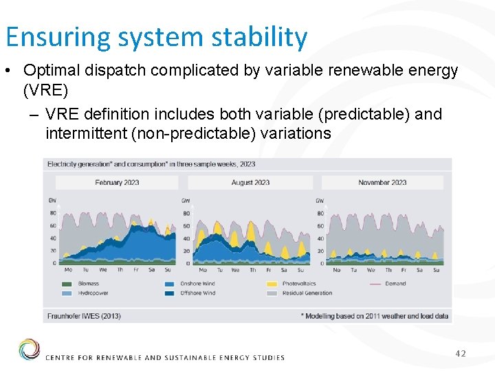 Ensuring system stability • Optimal dispatch complicated by variable renewable energy (VRE) – VRE