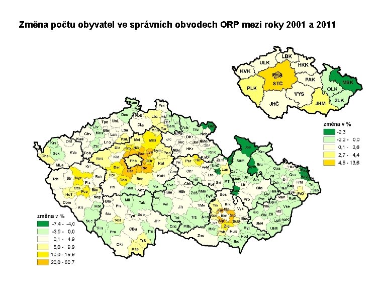 Změna počtu obyvatel ve správních obvodech ORP mezi roky 2001 a 2011 