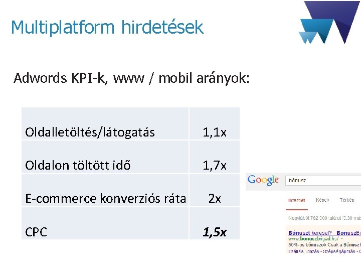 Multiplatform hirdetések Adwords KPI-k, www / mobil arányok: Oldalletöltés/látogatás 1, 1 x Oldalon töltött