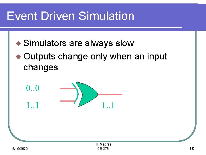 Event Driven Simulation l Simulators are always slow l Outputs change only when an