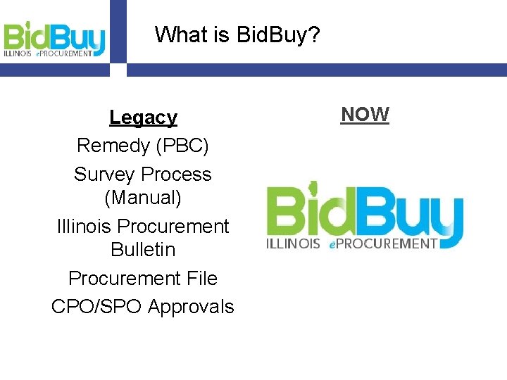 What is Bid. Buy? Legacy Remedy (PBC) Survey Process (Manual) Illinois Procurement Bulletin Procurement