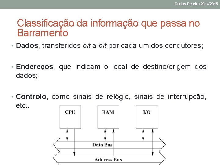 Carlos Pereira 2014/2015 Classificação da informação que passa no Barramento • Dados, transferidos bit