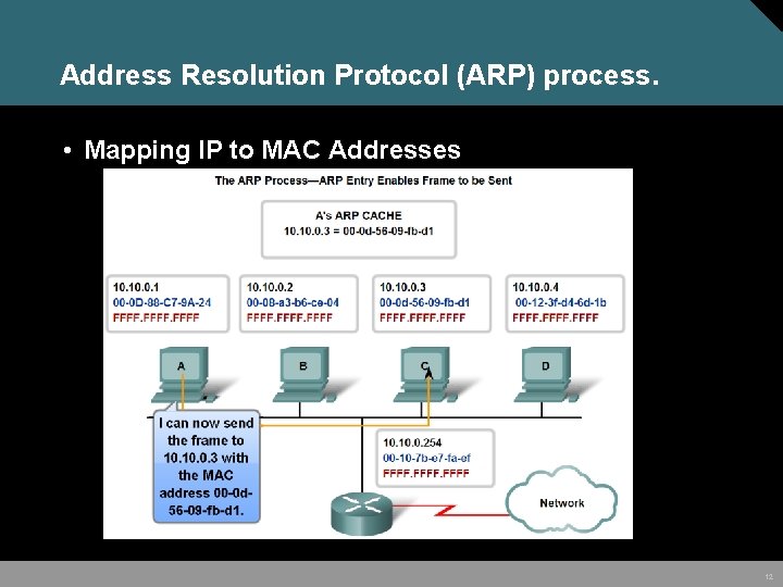 Address Resolution Protocol (ARP) process. • Mapping IP to MAC Addresses 12 