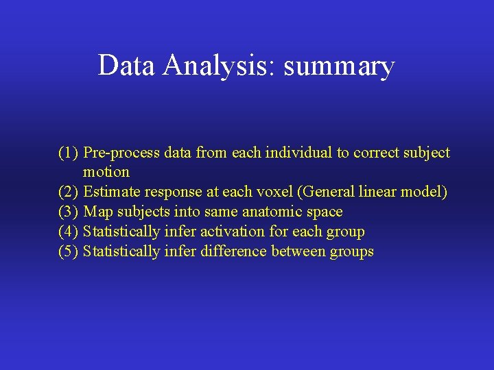 Data Analysis: summary (1) Pre-process data from each individual to correct subject motion (2)