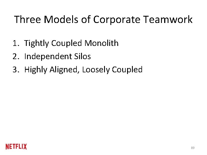 Three Models of Corporate Teamwork 1. Tightly Coupled Monolith 2. Independent Silos 3. Highly