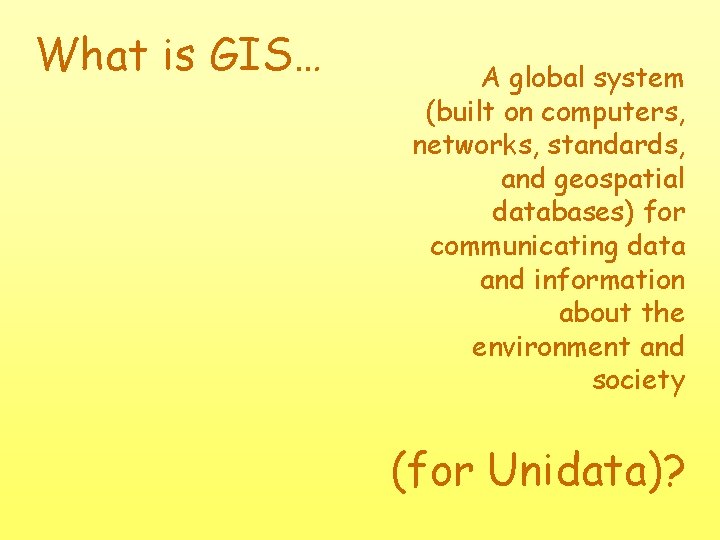 What is GIS… A global system (built on computers, networks, standards, and geospatial databases)