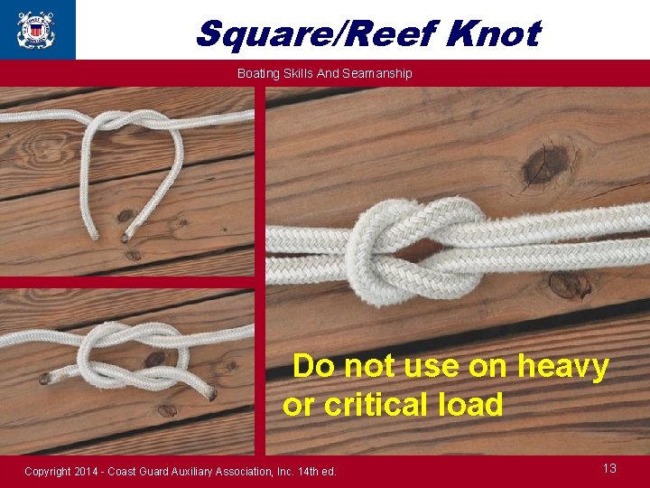 Square/Reef Knot Boating Skills And Seamanship Do not use on heavy or critical load