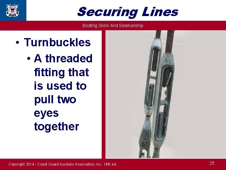 Securing Lines Boating Skills And Seamanship • Turnbuckles • A threaded fitting that is