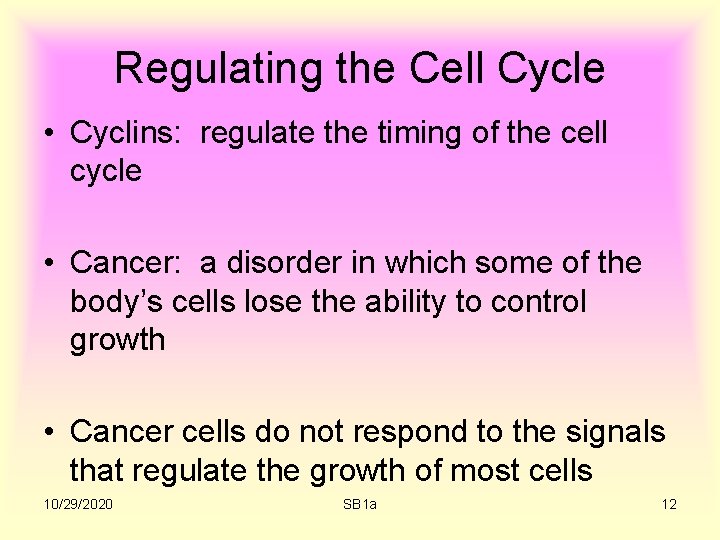 Regulating the Cell Cycle • Cyclins: regulate the timing of the cell cycle •