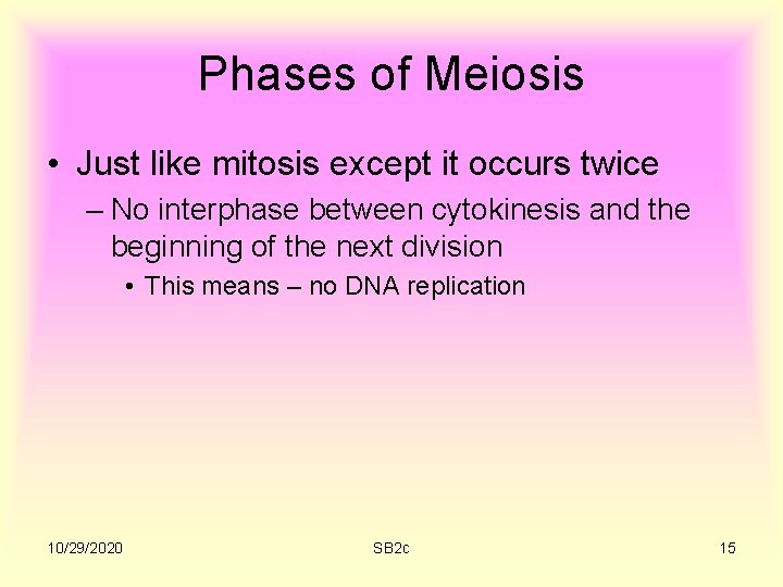 Phases of Meiosis • Just like mitosis except it occurs twice – No interphase