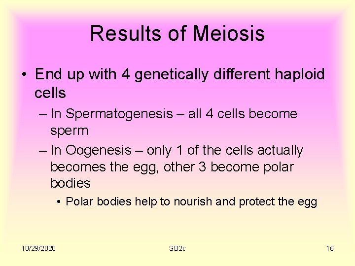 Results of Meiosis • End up with 4 genetically different haploid cells – In