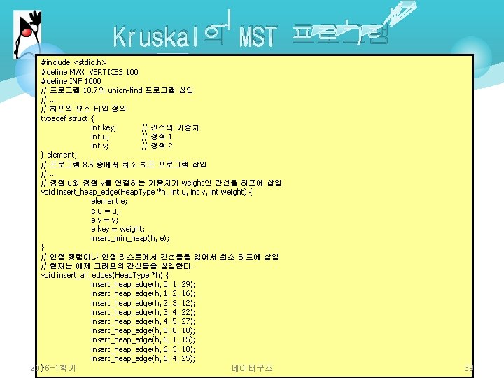 Kruskal의 MST 프로그램 #include <stdio. h> #define MAX_VERTICES 100 #define INF 1000 // 프로그램