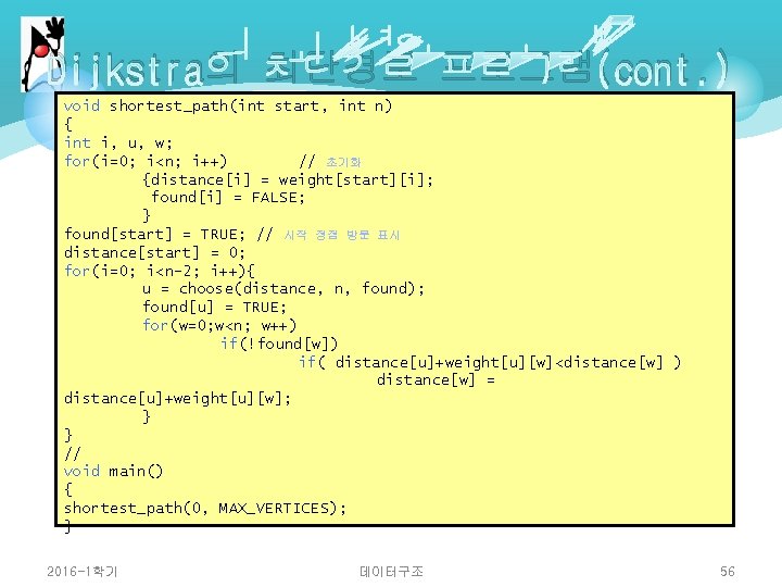 Dijkstra의 최단경로 프로그램(cont. ) void shortest_path(int start, int n) { int i, u, w;