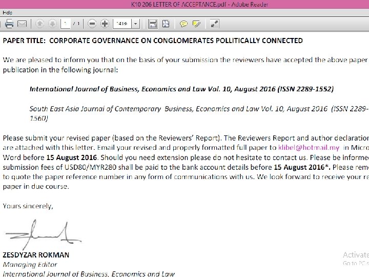 Example: JDS � 19 -Mar-2010 Dear Dr. Pratomo, I refer to your paper entitled