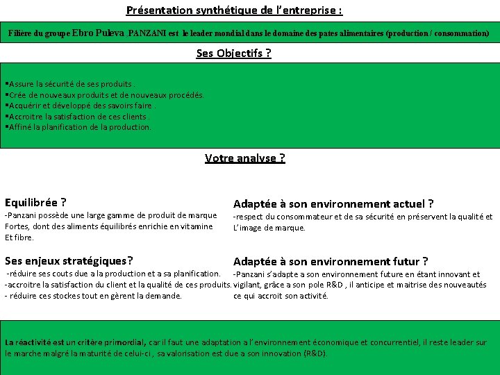Présentation synthétique de l’entreprise : Filière du groupe Ebro Puleva , PANZANI est le
