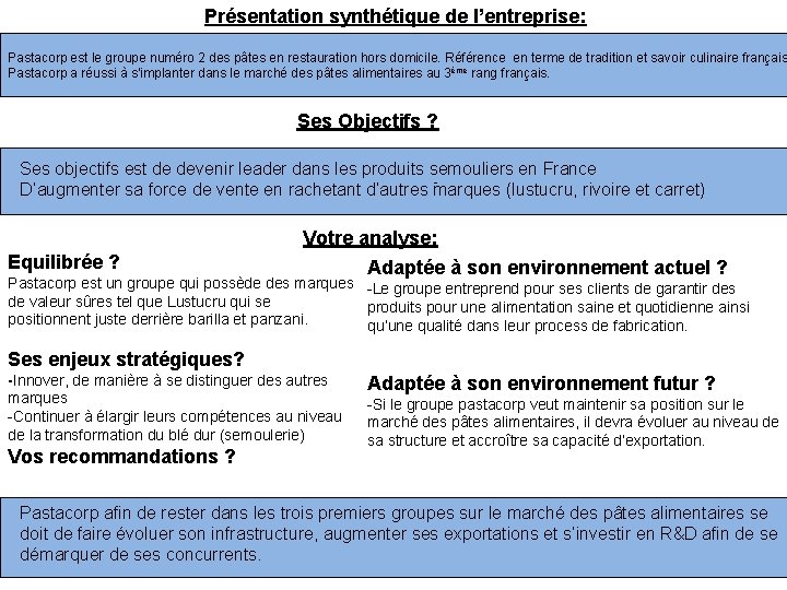 Présentation synthétique de l’entreprise: Pastacorp est le groupe numéro 2 des pâtes en restauration