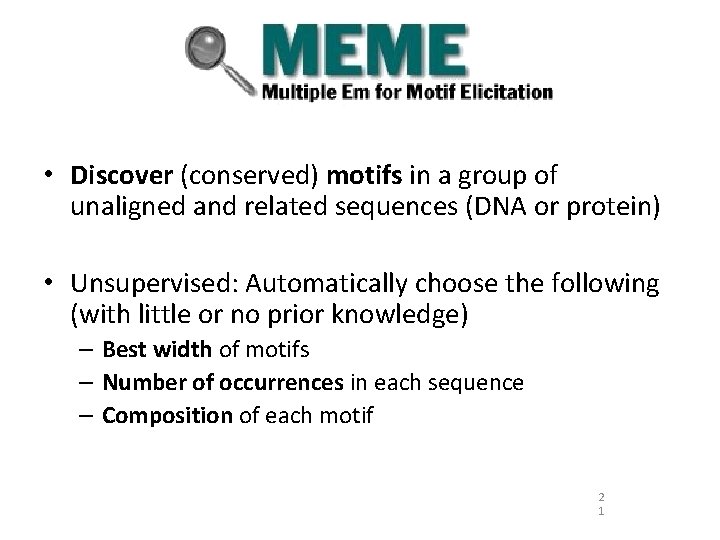  • Discover (conserved) motifs in a group of unaligned and related sequences (DNA