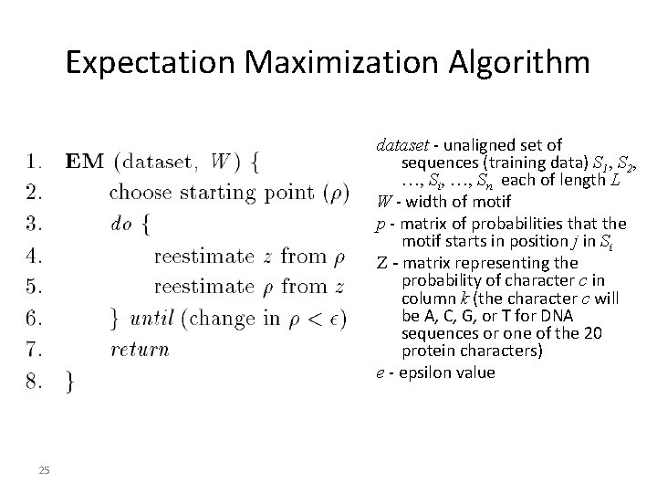 Expectation Maximization Algorithm dataset - unaligned set of sequences (training data) S 1, S