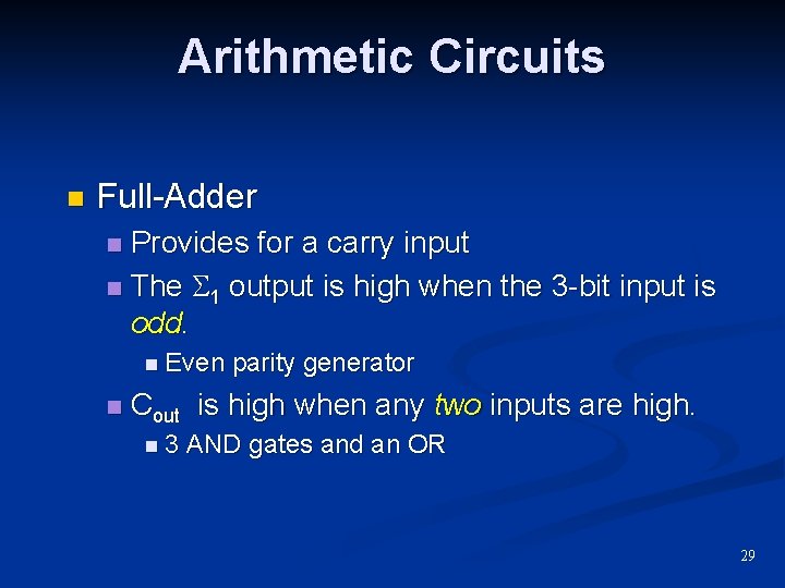 Arithmetic Circuits n Full-Adder Provides for a carry input n The 1 output is Arithmetic Circuits n Full-Adder Provides for a carry input n The 1 output is