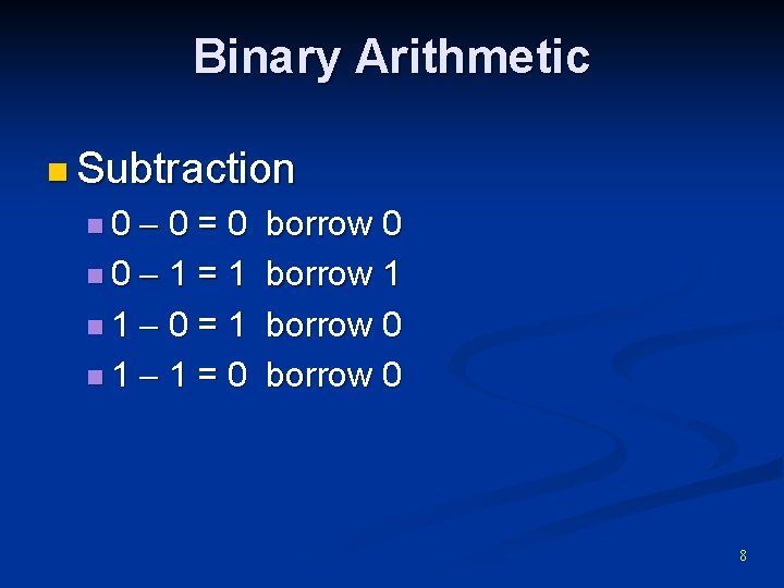 Binary Arithmetic n Subtraction 0=0 n 0 1 = 1 n 1 0 = Binary Arithmetic n Subtraction 0=0 n 0 1 = 1 n 1 0 =