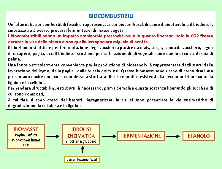 BIOCOMBUSTIBILI Un’ alternativa ai combustibili fossili è rappresentata dai biocombustibili come il bioetanolo e