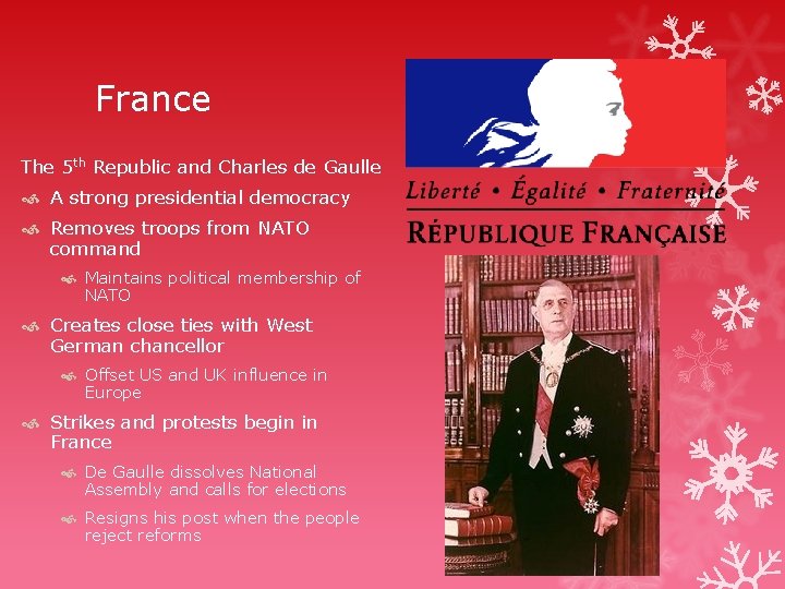 France The 5 th Republic and Charles de Gaulle A strong presidential democracy Removes