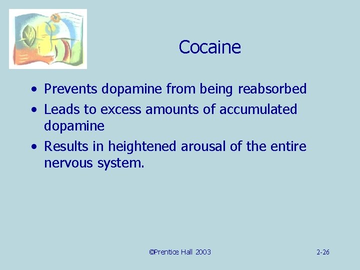 Cocaine • Prevents dopamine from being reabsorbed • Leads to excess amounts of accumulated