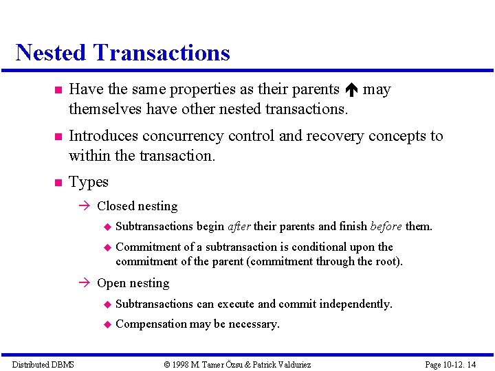 Nested Transactions Have the same properties as their parents may themselves have other nested