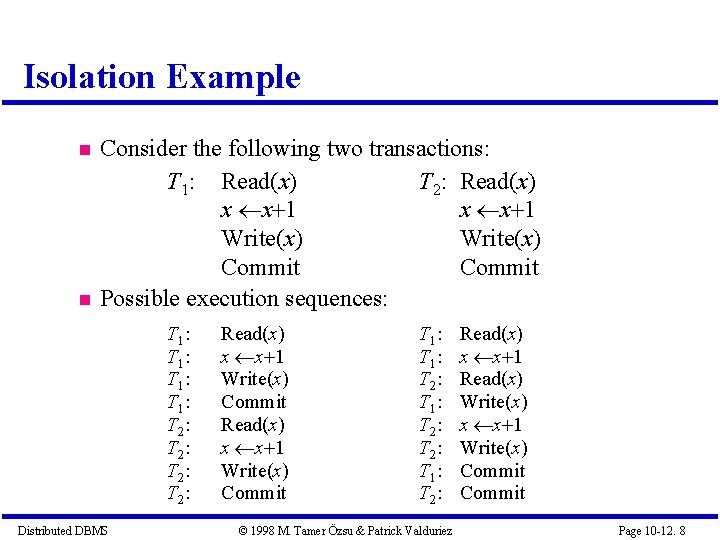 Isolation Example Consider the following two transactions: T 1: Read(x) T 2: Read(x) x