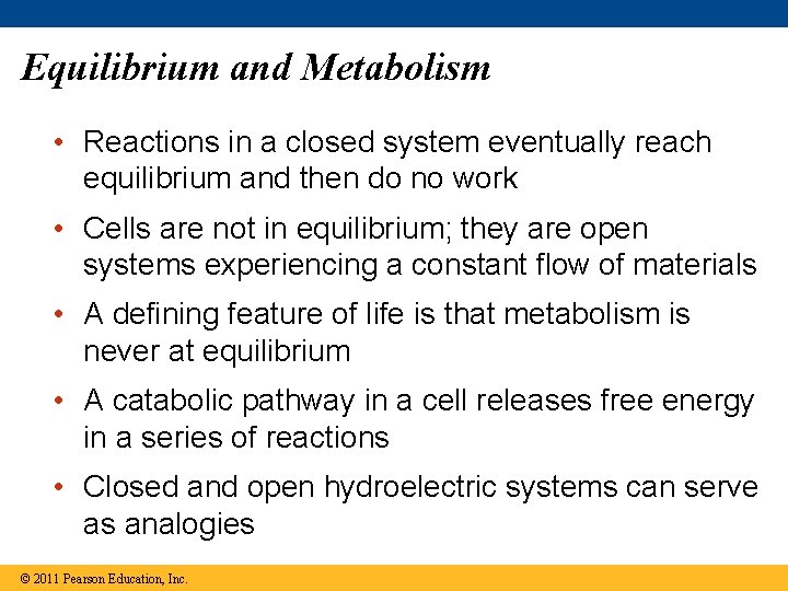 Equilibrium and Metabolism • Reactions in a closed system eventually reach equilibrium and then