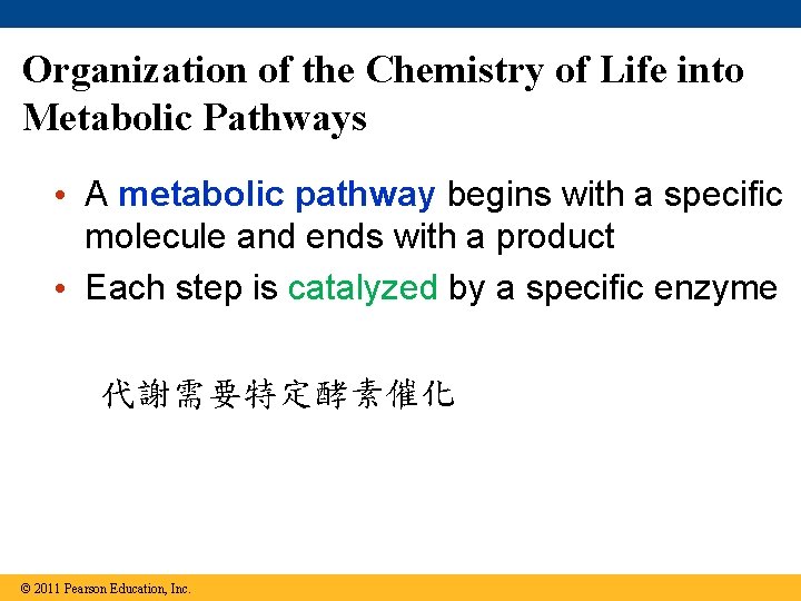 Organization of the Chemistry of Life into Metabolic Pathways • A metabolic pathway begins