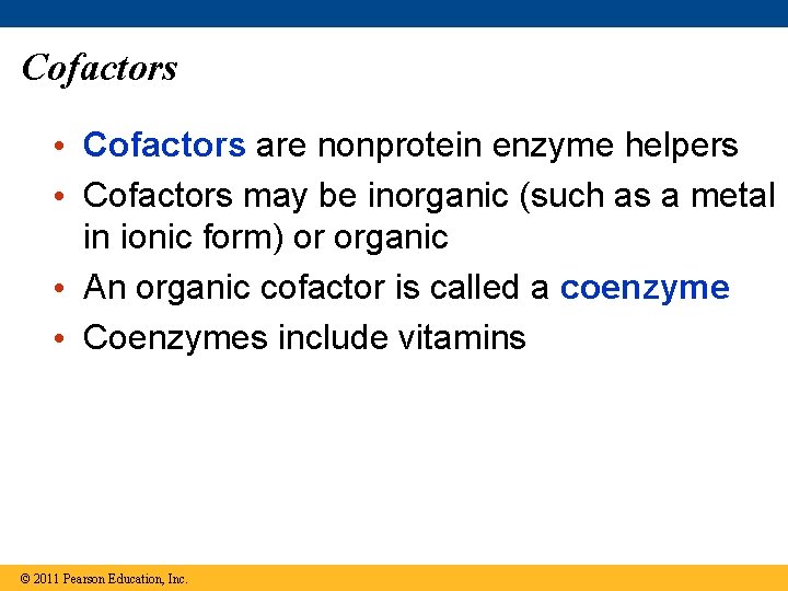 Cofactors • Cofactors are nonprotein enzyme helpers • Cofactors may be inorganic (such as