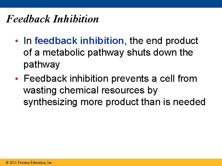 Feedback Inhibition • In feedback inhibition, the end product of a metabolic pathway shuts