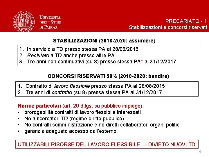 PRECARIATO - 1 Stabilizzazioni e concorsi riservati STABILIZZAZIONI (2018 -2020: assumere) 1. In servizio