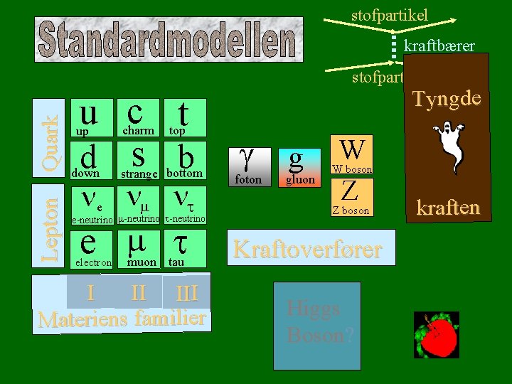 stofpartikel kraftbærer Lepton Quark stofpartikel u c t d s b up down charm