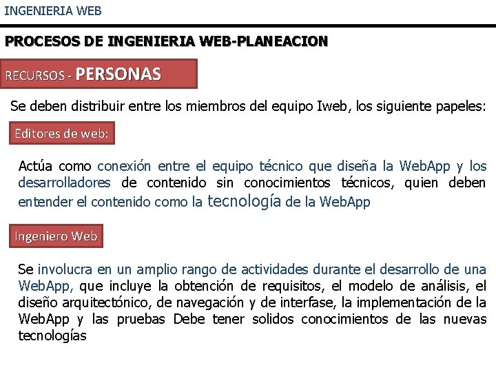 INGENIERIA WEB PROCESOS DE INGENIERIA WEB-PLANEACION RECURSOS - PERSONAS Se deben distribuir entre los