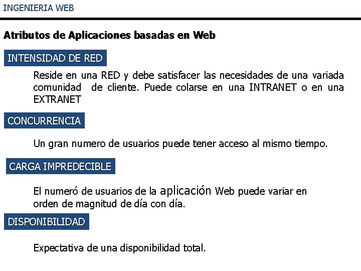 INGENIERIA WEB Atributos de Aplicaciones basadas en Web INTENSIDAD DE RED Reside en una