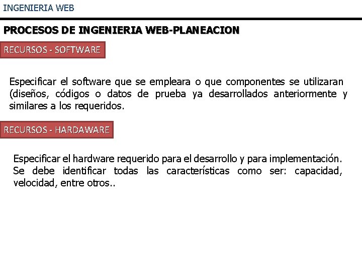 INGENIERIA WEB PROCESOS DE INGENIERIA WEB-PLANEACION RECURSOS - SOFTWARE Especificar el software que se