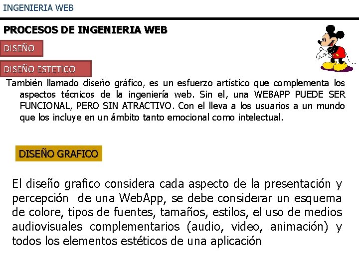 INGENIERIA WEB PROCESOS DE INGENIERIA WEB DISEÑO ESTETICO También llamado diseño gráfico, es un